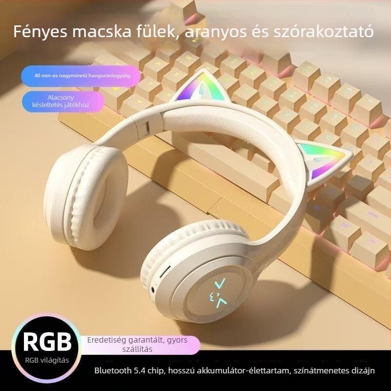 2026 új modell Bluetooth fülhallgató macskafülekkel, világító fejpánttal, hosszú akkumulátor-üzemidővel, sztereó hangzással, sporthoz és játékhoz