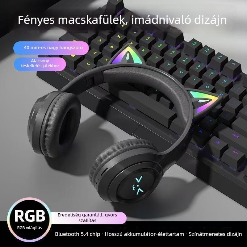 2026 új modell Bluetooth fülhallgató macskafülekkel, világító fejpánttal, hosszú akkumulátor-üzemidővel, sztereó hangzással, sporthoz és játékhoz