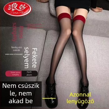 Langsha piros szegélyű fekete harisnya, térd fölé érő, ultra vékony nylon