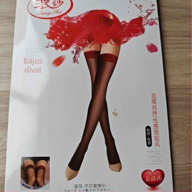 Langsha piros szegélyű fekete harisnya, térd fölé érő, ultra vékony nylon