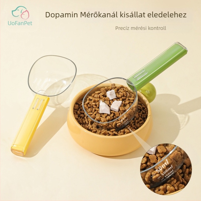 Állateledelhez való lógatható mérőkanál, félig átlátszó száraz élelmiszerkanál és mérőedény, többfunkciós zárófedelemmel
