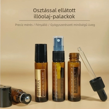 10 ml borostyánbarna üveg illóolaj sprayhez mérőskálával és gördülő golyófejjel