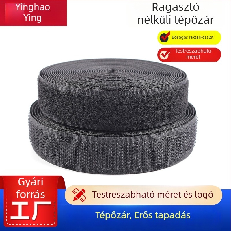Ragasztó nélküli Velcro nylon-poliészter keverékből, szélesség 2 cm és 2,5 cm, fekete, fehér és színes variációk, kiváló minőségű készleten
