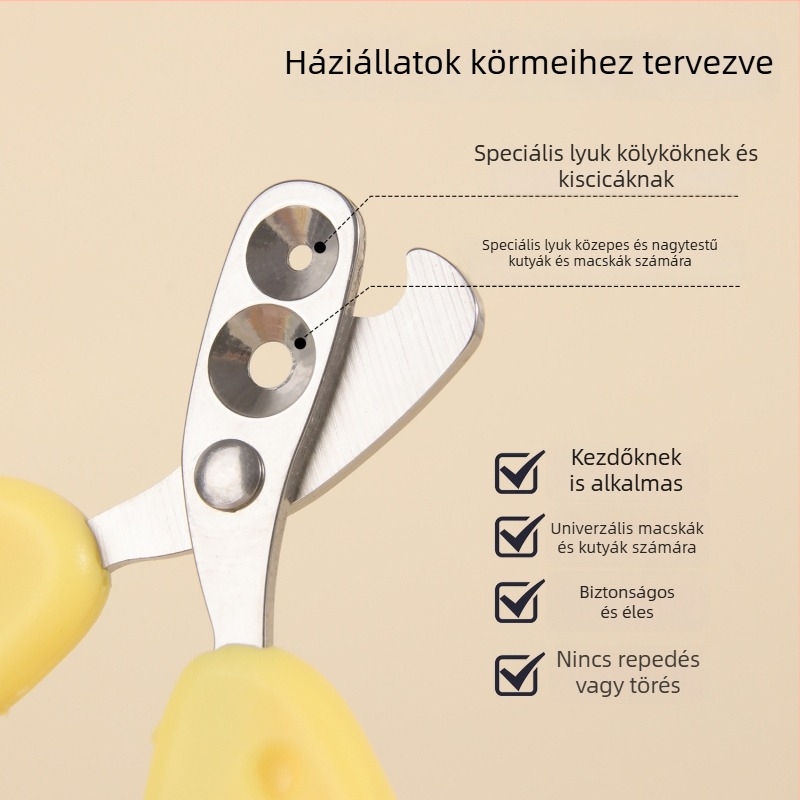 Macska körömvágó olló, rozsdamentes acélból, sajtsárga szín, kezdőknek, vérzés elleni védelem, kör alakú nyílású kialakítás