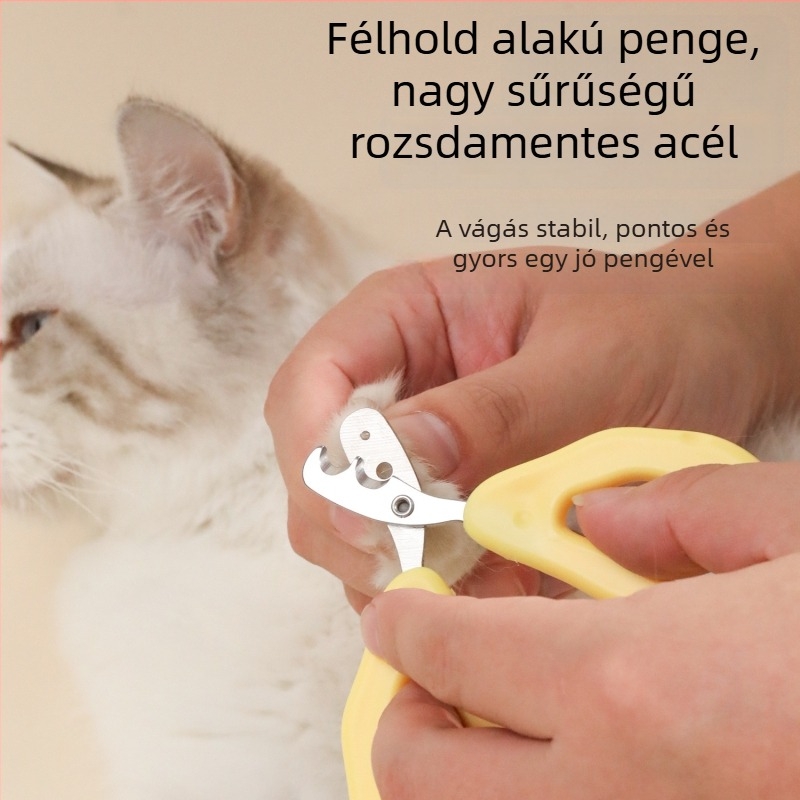 Macska körömvágó olló, rozsdamentes acélból, sajtsárga szín, kezdőknek, vérzés elleni védelem, kör alakú nyílású kialakítás