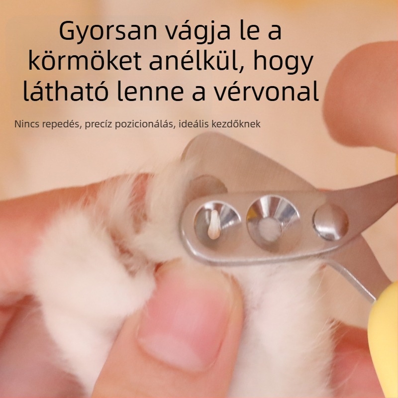 Macska körömvágó olló, rozsdamentes acélból, sajtsárga szín, kezdőknek, vérzés elleni védelem, kör alakú nyílású kialakítás