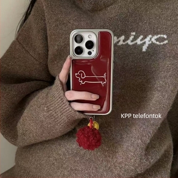 Vintage borvörös szilikon iPhone tok, aranyos kutyás illusztrációval, Instagram-stílusú japán/koreai, matt felület, ütésálló, kompatibil iPhone 13/14/15/16 Pro/Pro Max.