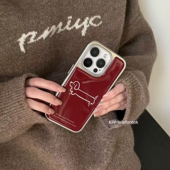Vintage borvörös szilikon iPhone tok, aranyos kutyás illusztrációval, Instagram-stílusú japán/koreai, matt felület, ütésálló, kompatibil iPhone 13/14/15/16 Pro/Pro Max.