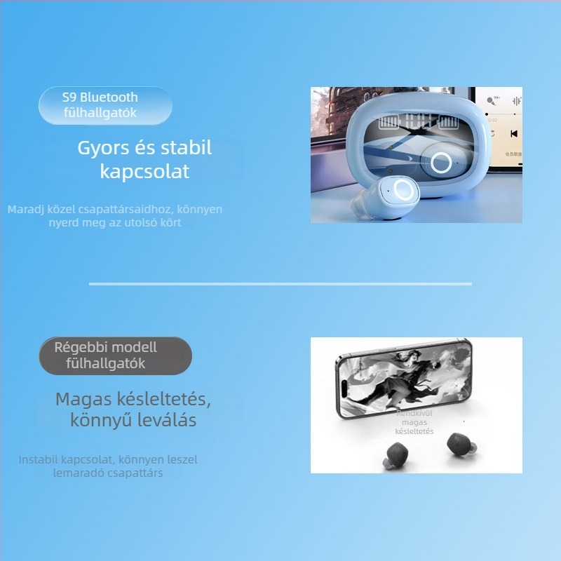 S9 Bluetooth valódi vezeték nélküli fülhallgatók, in-ear, 5,3‑as átlátszó intelligens digitális kijelzővel, zajcsökkentés, 4-8 óra üzemidő