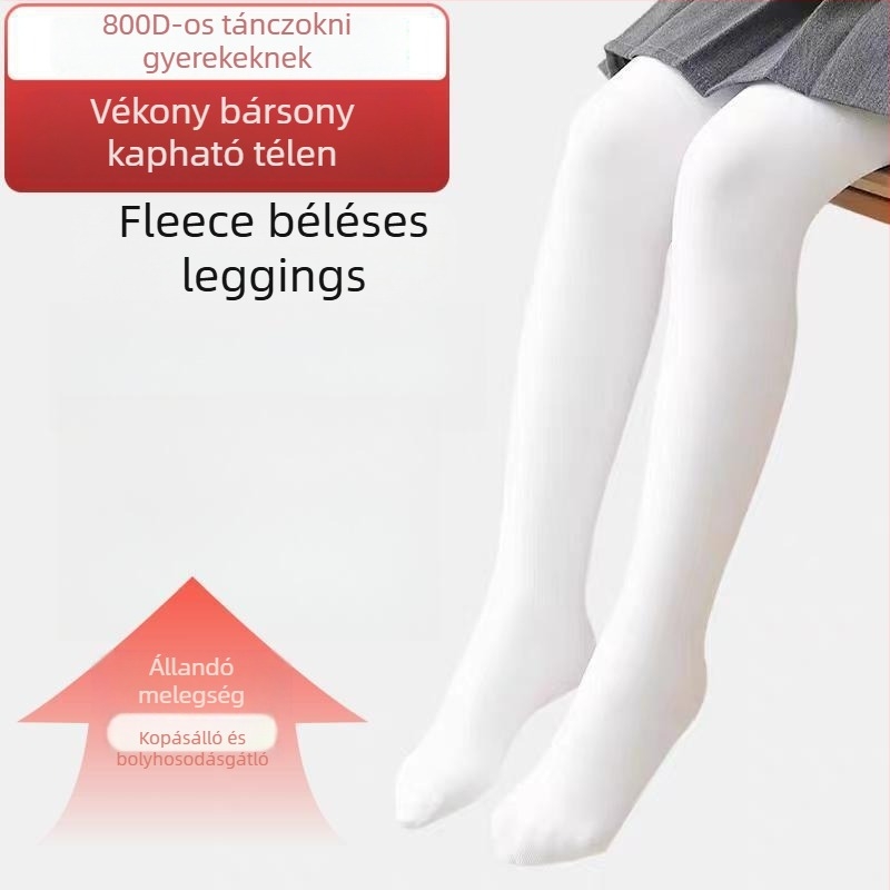 Fehér gyerekeknek készült tánc harisnyák fleece béléssel, anti-pilling, őszi-téli meleg