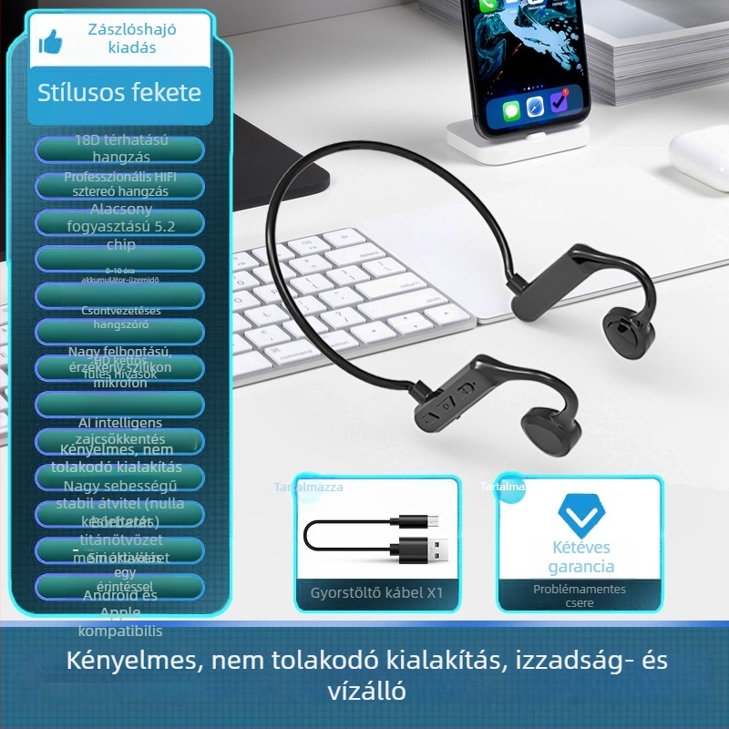 Vezeték nélküli csontvezetéses Bluetooth fülhallgató, fülhorgos kialakítás, kompatibil Huawei, Vivo, Oppo és Apple eszközökkel
