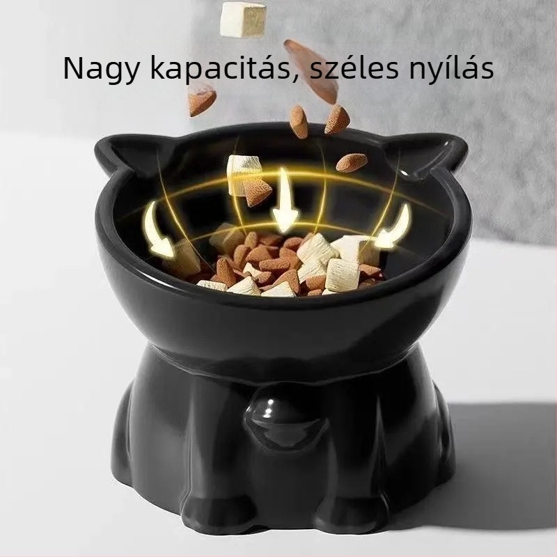 Műanyag macskatál etetésre, magas lábú, ferde peremmel, nyakvédővel, kiömlés elleni védelem