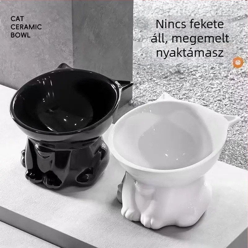 Műanyag macskatál etetésre, magas lábú, ferde peremmel, nyakvédővel, kiömlés elleni védelem