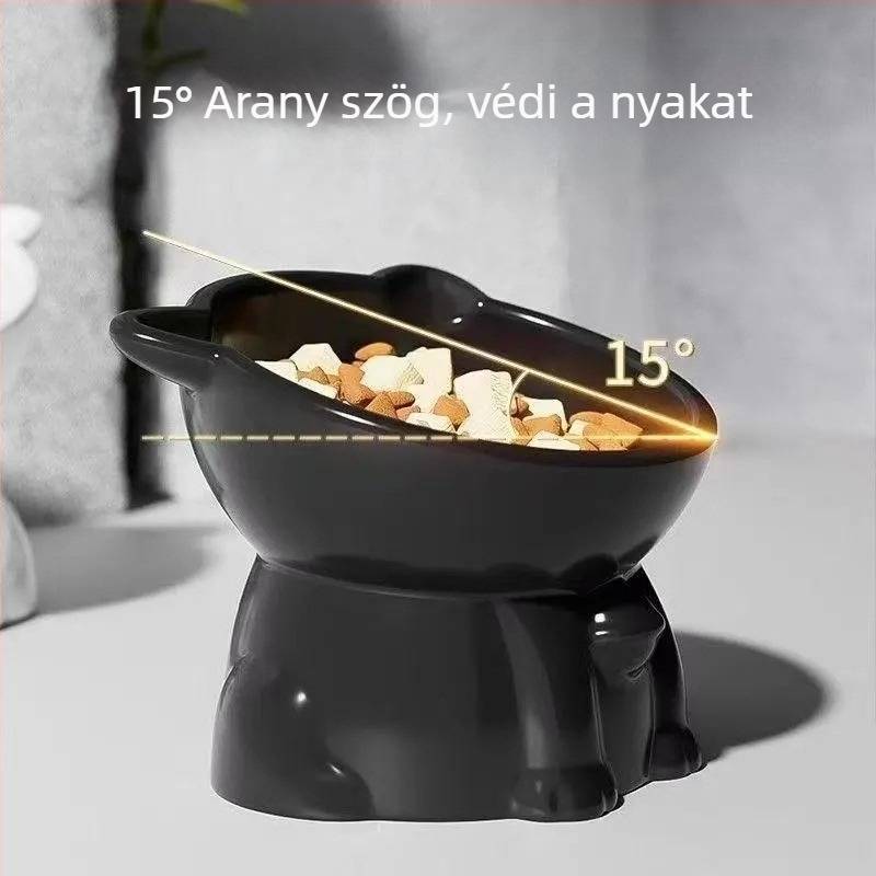 Műanyag macskatál etetésre, magas lábú, ferde peremmel, nyakvédővel, kiömlés elleni védelem