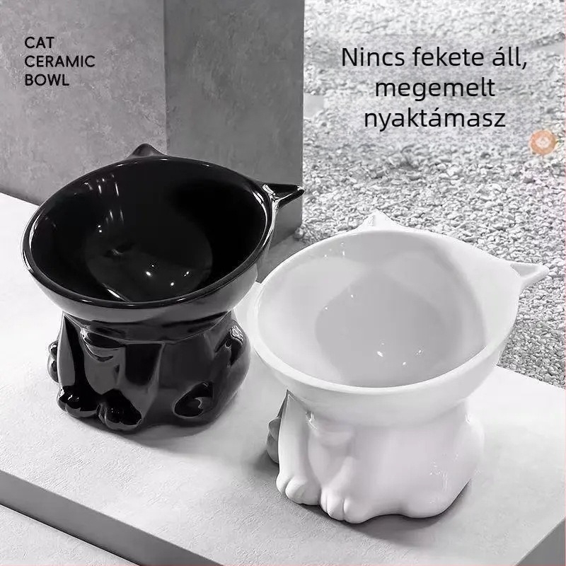 Műanyag macskatál etetésre, magas lábú, ferde peremmel, nyakvédővel, kiömlés elleni védelem