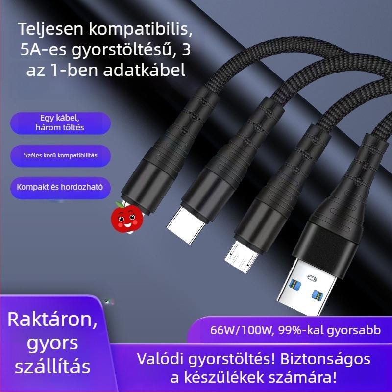3 az 1-ben szövött gyors töltésű adatkábel mobiltelefonokhoz, 1,2 m, öt színben, Lightning, Micro USB és USB-C
