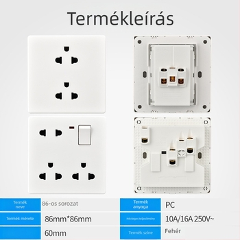 86-os rejtett falikimenet, 16A, hat aljzat, 250V, thai szabvány, Taiwan-kompatibilis, falra szerelhető, nyolc csatlakozó egy kapcsolóval