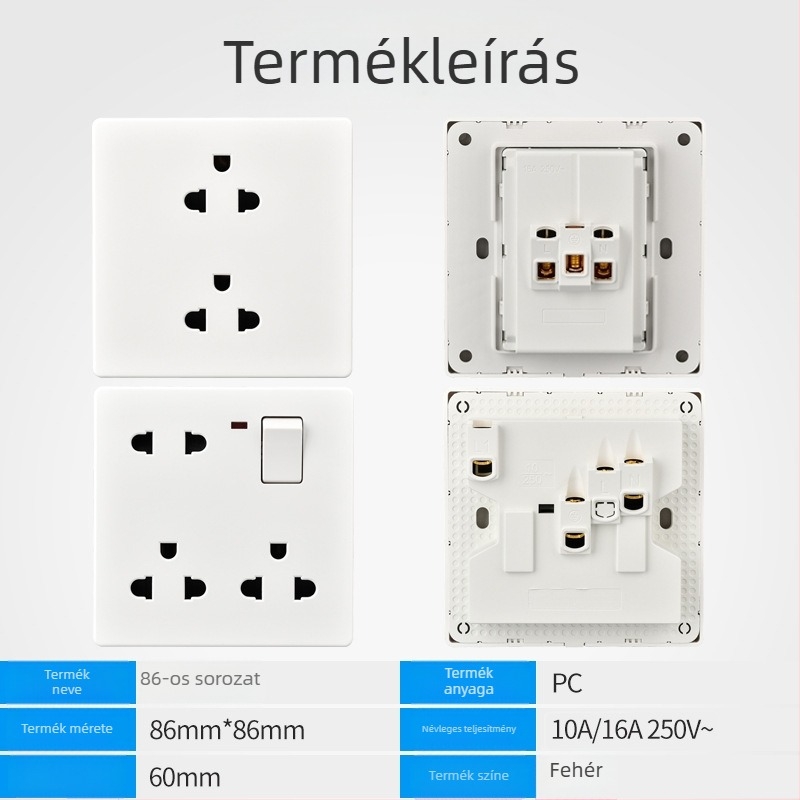 86-os rejtett falikimenet, 16A, hat aljzat, 250V, thai szabvány, Taiwan-kompatibilis, falra szerelhető, nyolc csatlakozó egy kapcsolóval