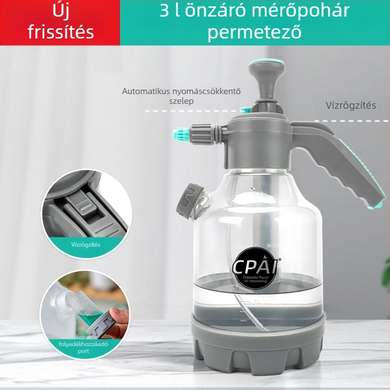 Kézi légnyomású öntözőkanna otthoni használatra, fertőtlenítő permetezővel; vastított kivitel, robbanásbiztos