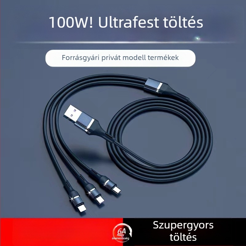 3 az 1-ben szövött adatkábel, 1-től 3-ig, gyors töltés, Lightning, Micro USB és Type-C, 1-2 m, max. 100 W