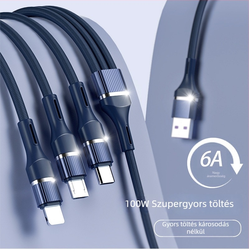 3 az 1-ben szövött adatkábel, 1-től 3-ig, gyors töltés, Lightning, Micro USB és Type-C, 1-2 m, max. 100 W