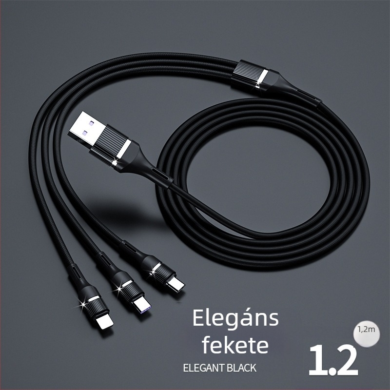 3 az 1-ben szövött adatkábel, 1-től 3-ig, gyors töltés, Lightning, Micro USB és Type-C, 1-2 m, max. 100 W
