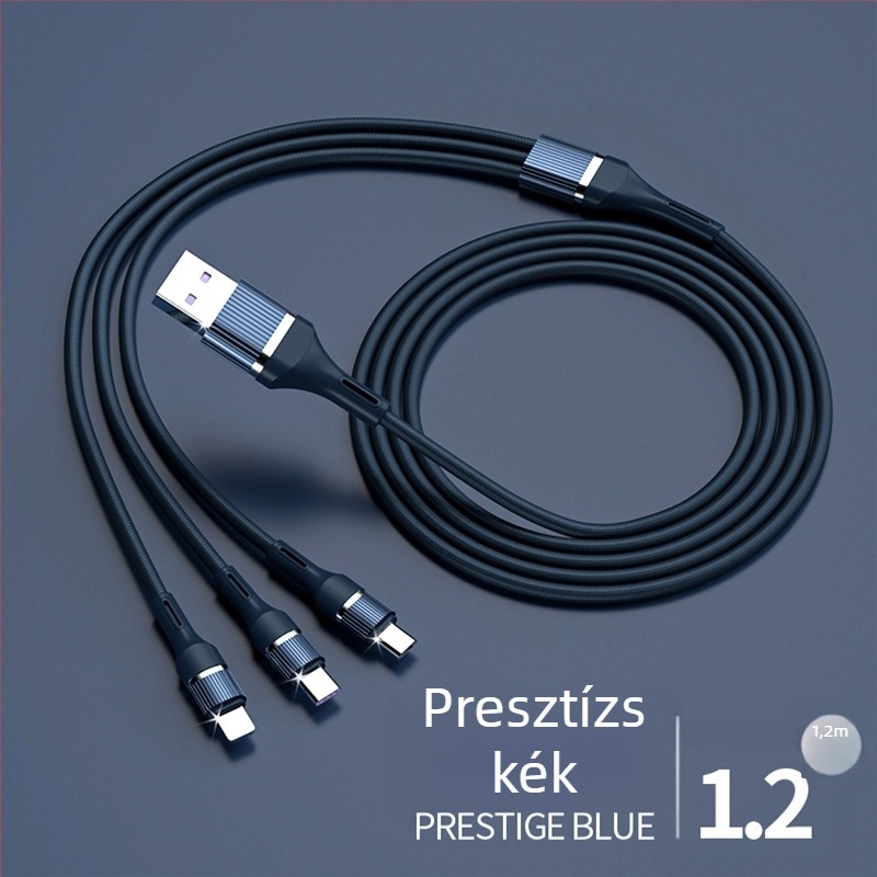 3 az 1-ben szövött adatkábel, 1-től 3-ig, gyors töltés, Lightning, Micro USB és Type-C, 1-2 m, max. 100 W