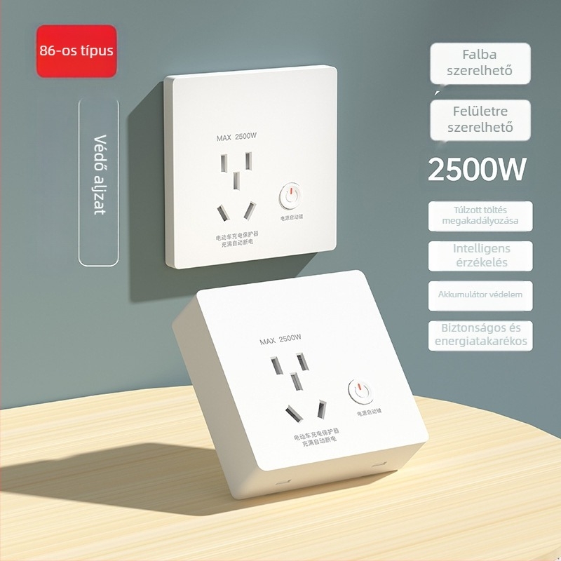 Falihoz szerelhető elektromos jármű töltővédő aljzat intelligens túltöltés elleni védelemmel és automatikus kikapcsolással teljes töltöttség esetén