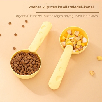 Hosszú fogantyújú macska- és kutyaeledel-kanál, záró klippel és mérőkanállal, etető eszköz