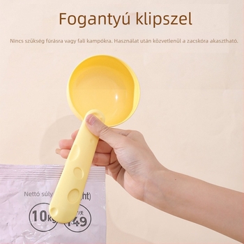Hosszú fogantyújú macska- és kutyaeledel-kanál, záró klippel és mérőkanállal, etető eszköz