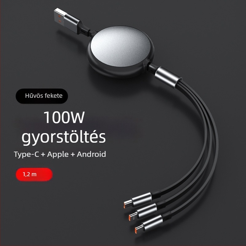 Kihúzható gyorstöltő kábel 1–3 csatlakozóval, Lightning, Micro USB és USB-C, Huawei, Android és Apple eszközökhöz