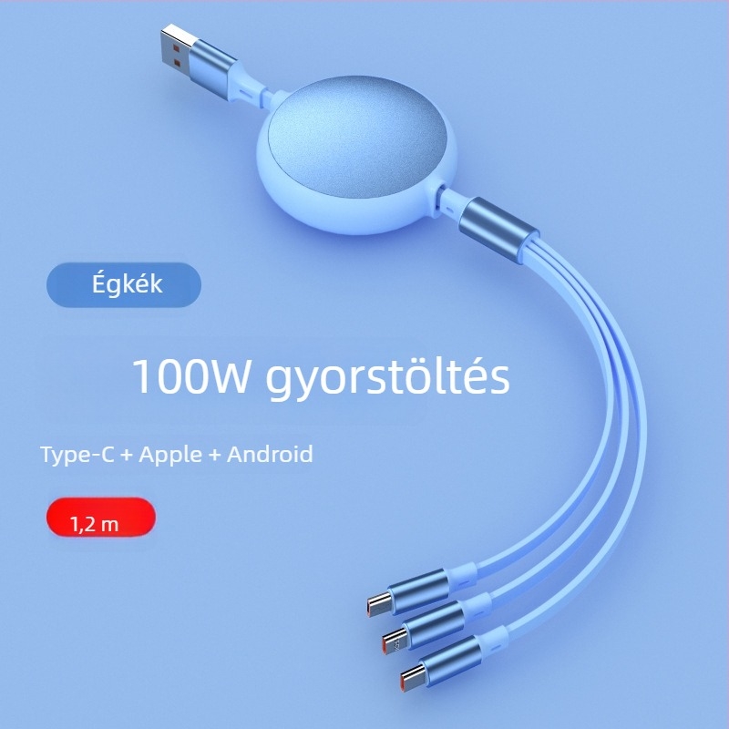 Kihúzható gyorstöltő kábel 1–3 csatlakozóval, Lightning, Micro USB és USB-C, Huawei, Android és Apple eszközökhöz