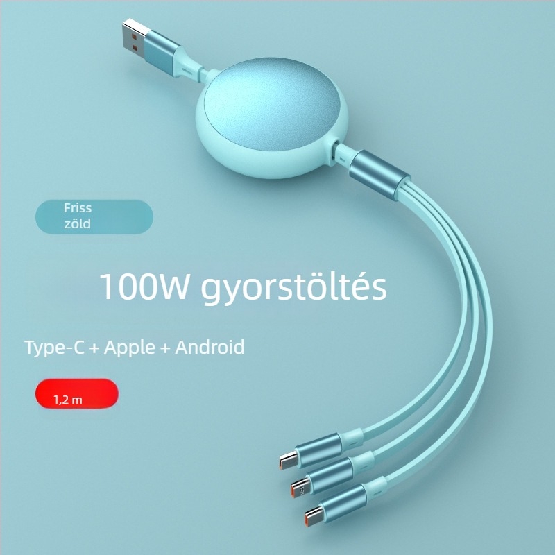 Kihúzható gyorstöltő kábel 1–3 csatlakozóval, Lightning, Micro USB és USB-C, Huawei, Android és Apple eszközökhöz