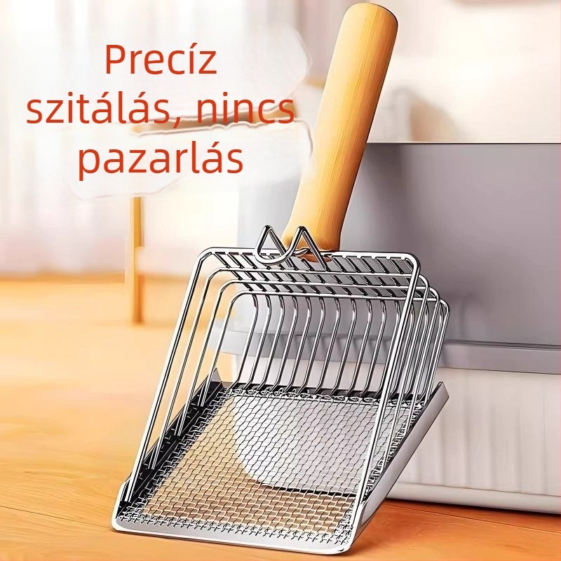 2 az 1-ben macska toalett kanál rozsdamentes acélból, finom hálóval, nagy méret