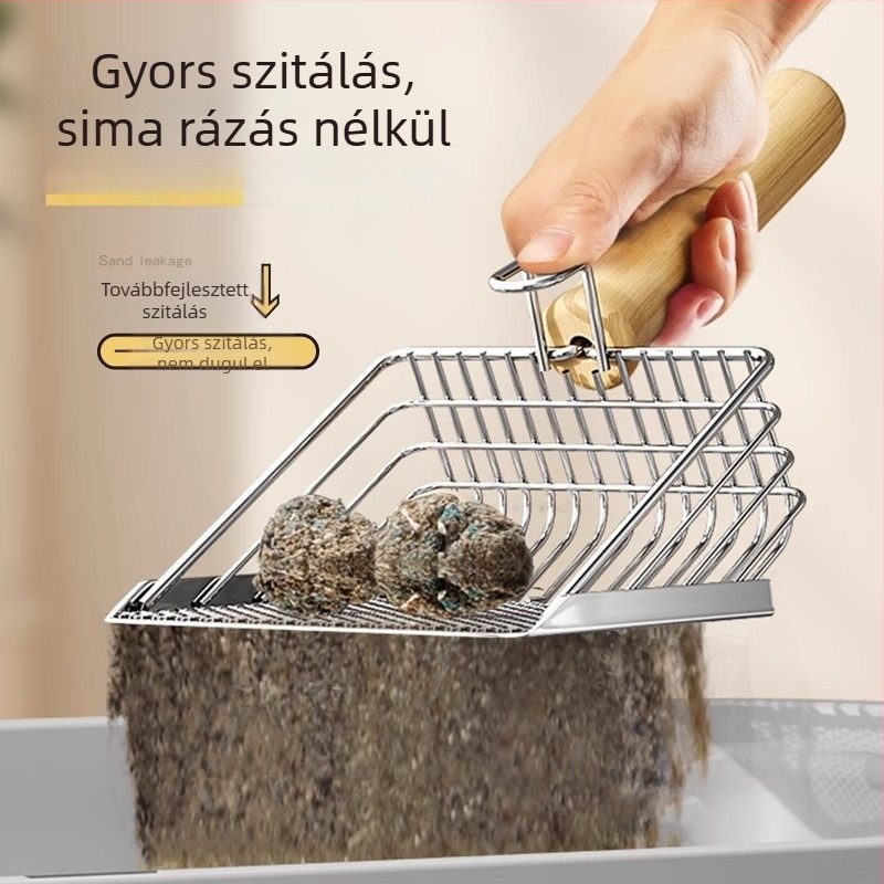 2 az 1-ben macska toalett kanál rozsdamentes acélból, finom hálóval, nagy méret