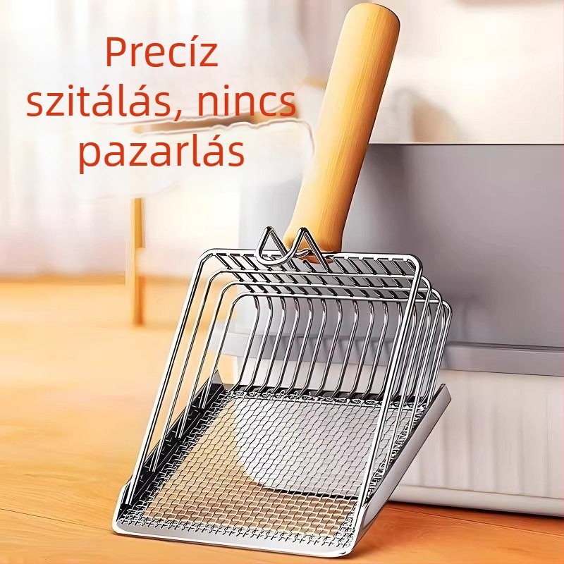 2 az 1-ben macska toalett kanál rozsdamentes acélból, finom hálóval, nagy méret