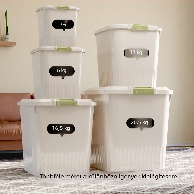 Zárható rizstároló edény, 10 L+ kapacitással – nedvesség- és rovarálló, élelmiszer-minőségű PP anyagból, sokoldalú tároló gabonákhoz, liszthez, macska- és kutyaeledelhez