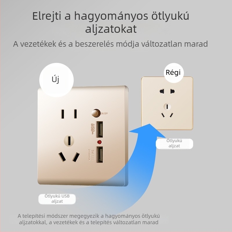 86-os típusú rejtett falipanel öt nyílással és két USB-porttal, 220V-ról 5V-ra töltés, 2,1A, otthoni használatra.