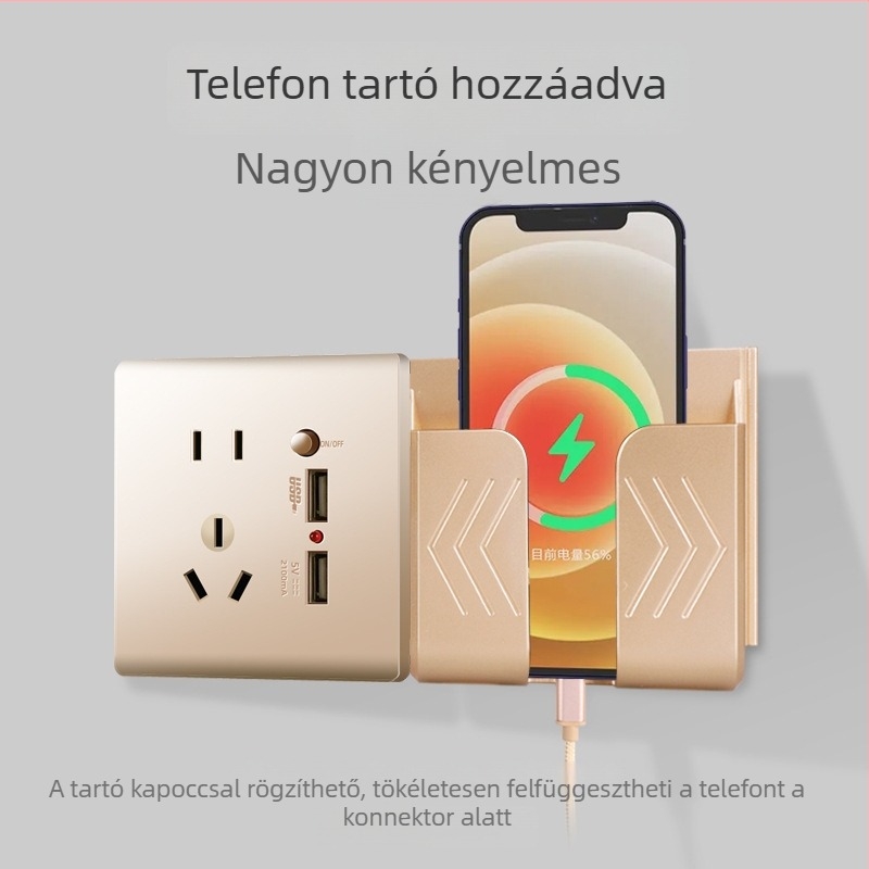 86-os típusú rejtett falipanel öt nyílással és két USB-porttal, 220V-ról 5V-ra töltés, 2,1A, otthoni használatra.