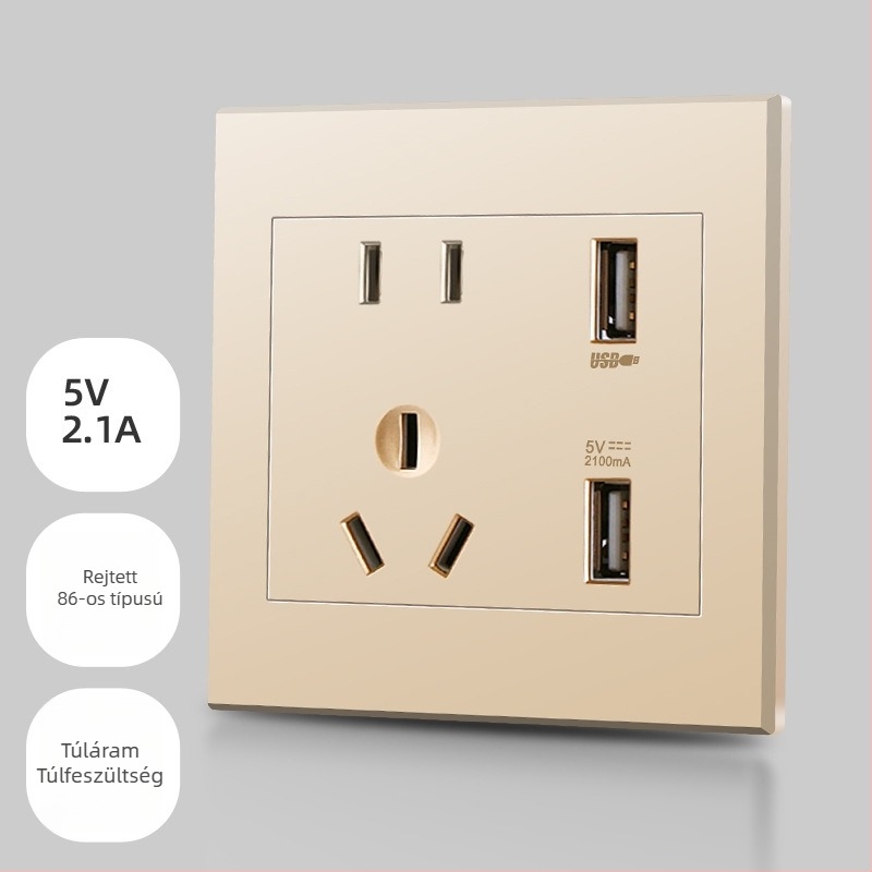 86-os típusú rejtett falipanel öt nyílással és két USB-porttal, 220V-ról 5V-ra töltés, 2,1A, otthoni használatra.