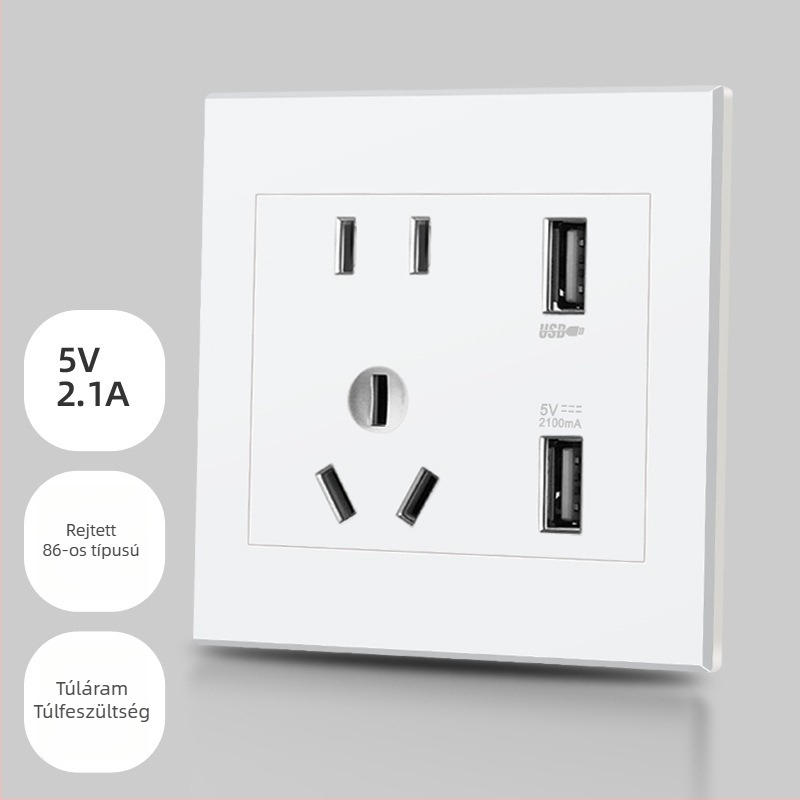86-os típusú rejtett falipanel öt nyílással és két USB-porttal, 220V-ról 5V-ra töltés, 2,1A, otthoni használatra.