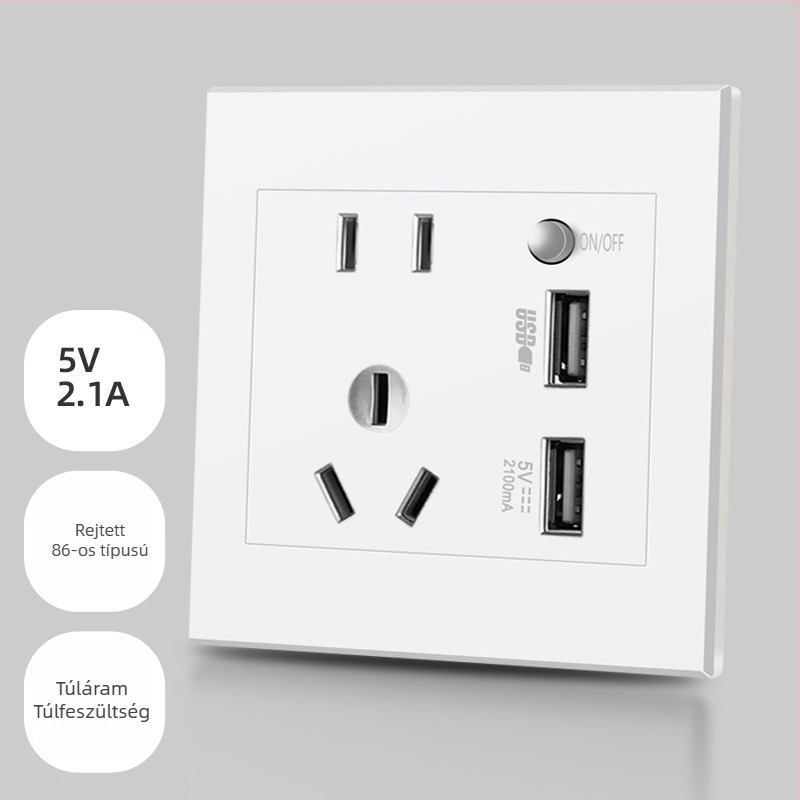 86-os típusú rejtett falipanel öt nyílással és két USB-porttal, 220V-ról 5V-ra töltés, 2,1A, otthoni használatra.