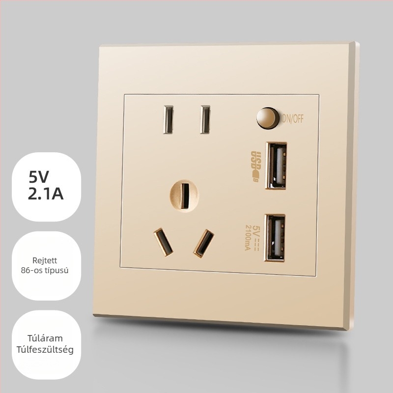 86-os típusú rejtett falipanel öt nyílással és két USB-porttal, 220V-ról 5V-ra töltés, 2,1A, otthoni használatra.