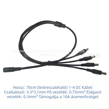 Tiszta réz DC tápegység elosztó kábel, 12V, 5,5×2,1 mm csatlakozó, 10A főág, 2–5 kimenet, LED‑megfigyeléshez