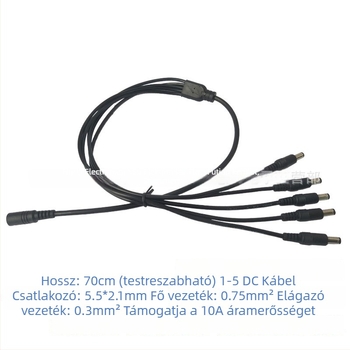 Tiszta réz DC tápegység elosztó kábel, 12V, 5,5×2,1 mm csatlakozó, 10A főág, 2–5 kimenet, LED‑megfigyeléshez