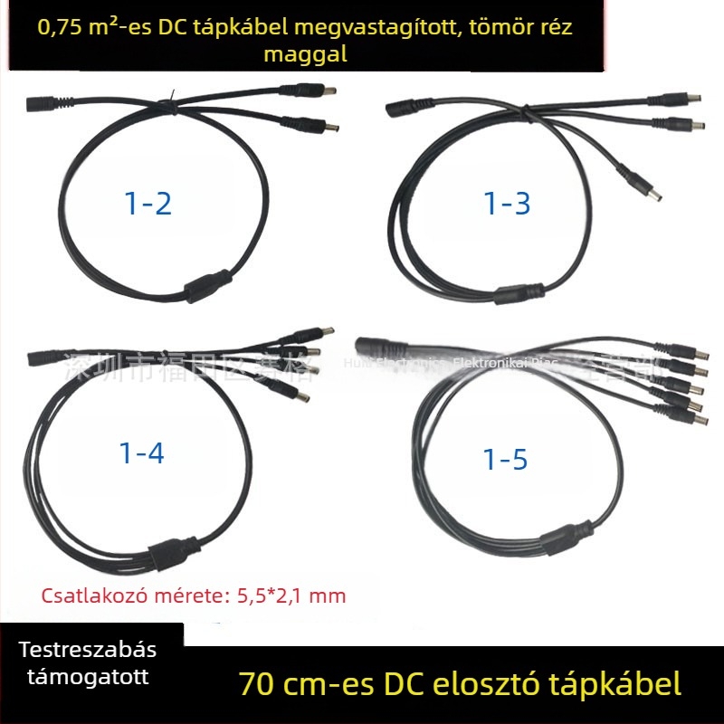 Tiszta réz DC tápegység elosztó kábel, 12V, 5,5×2,1 mm csatlakozó, 10A főág, 2–5 kimenet, LED‑megfigyeléshez