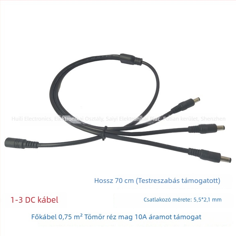 Tiszta réz DC tápegység elosztó kábel, 12V, 5,5×2,1 mm csatlakozó, 10A főág, 2–5 kimenet, LED‑megfigyeléshez