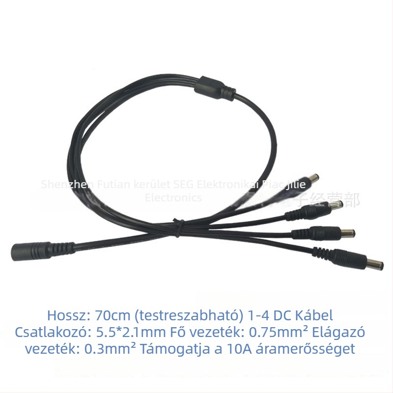 Tiszta réz DC tápegység elosztó kábel, 12V, 5,5×2,1 mm csatlakozó, 10A főág, 2–5 kimenet, LED‑megfigyeléshez