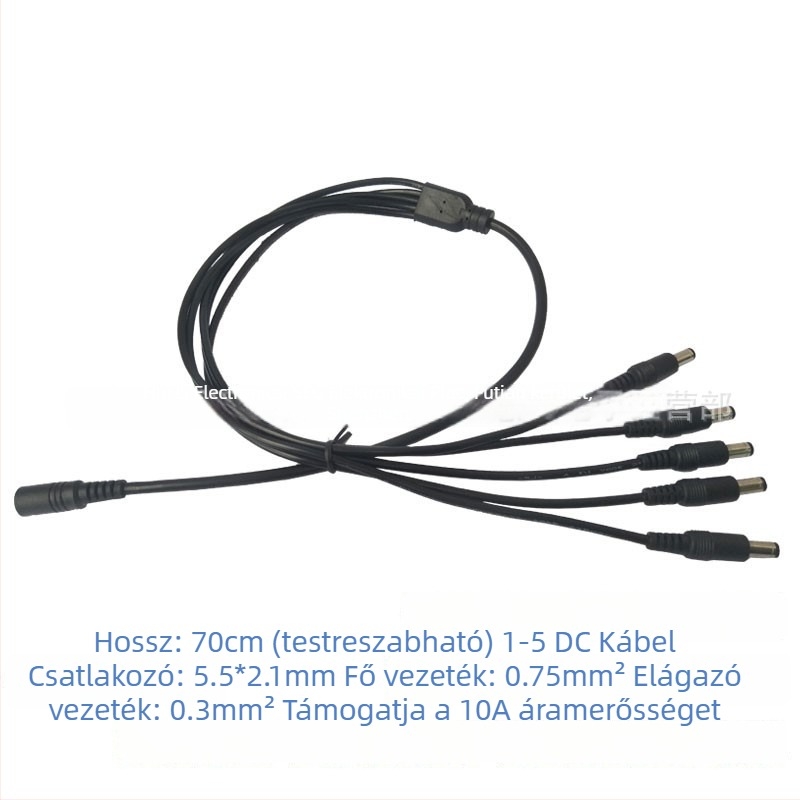 Tiszta réz DC tápegység elosztó kábel, 12V, 5,5×2,1 mm csatlakozó, 10A főág, 2–5 kimenet, LED‑megfigyeléshez