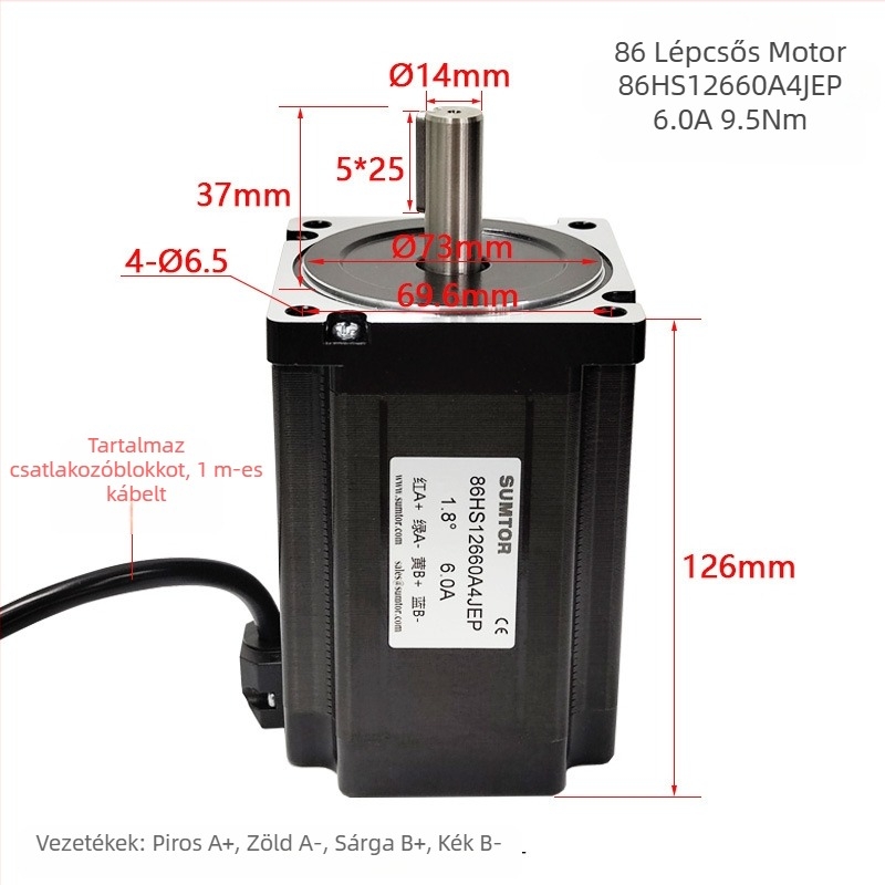 SUMTOR 86 léptető motor nagy nyomatékkal 9,5 N·m, 126 mm hosszú, kétfázisú négyvezetékes, léptetési szög 1,8°